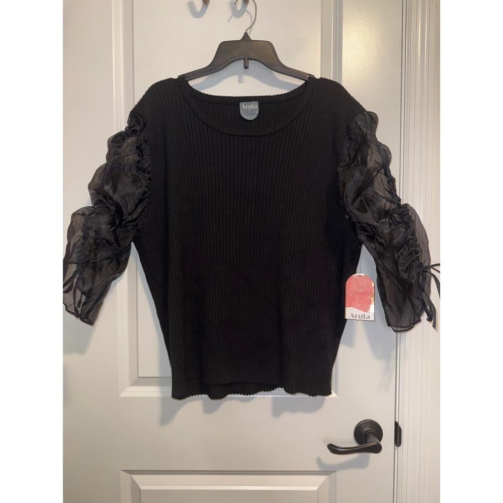 Arula Ribbed Knit Sweater Womens C 3X Black NWT Sheer Puff Sleeve Coquette Chic